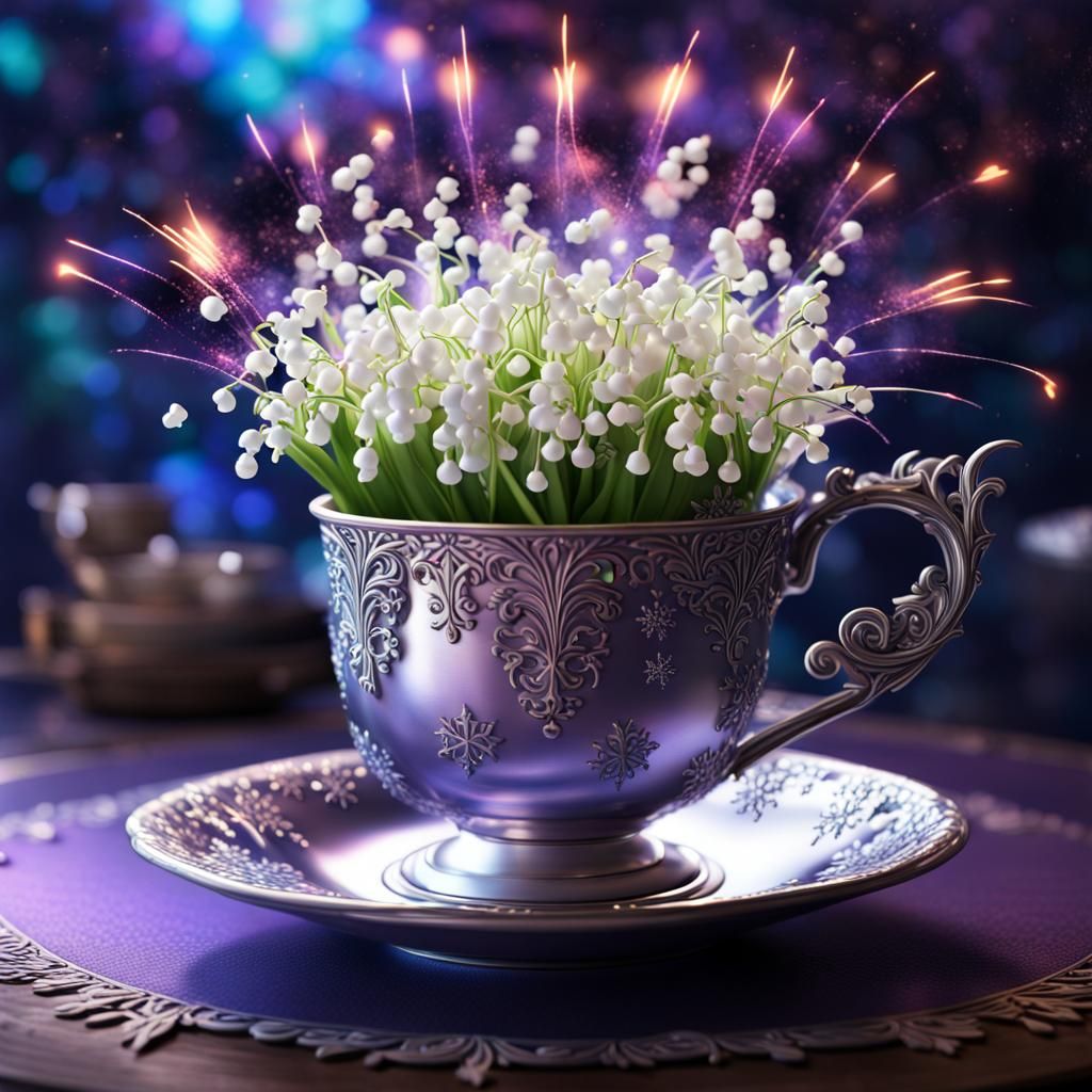 Explosive Fireworks Teacup with Lily of the Valley