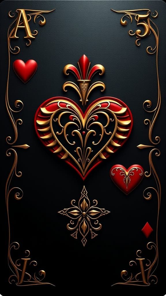 Stylized, Metallic Ace of Hearts in Egyptian-Inspired Design