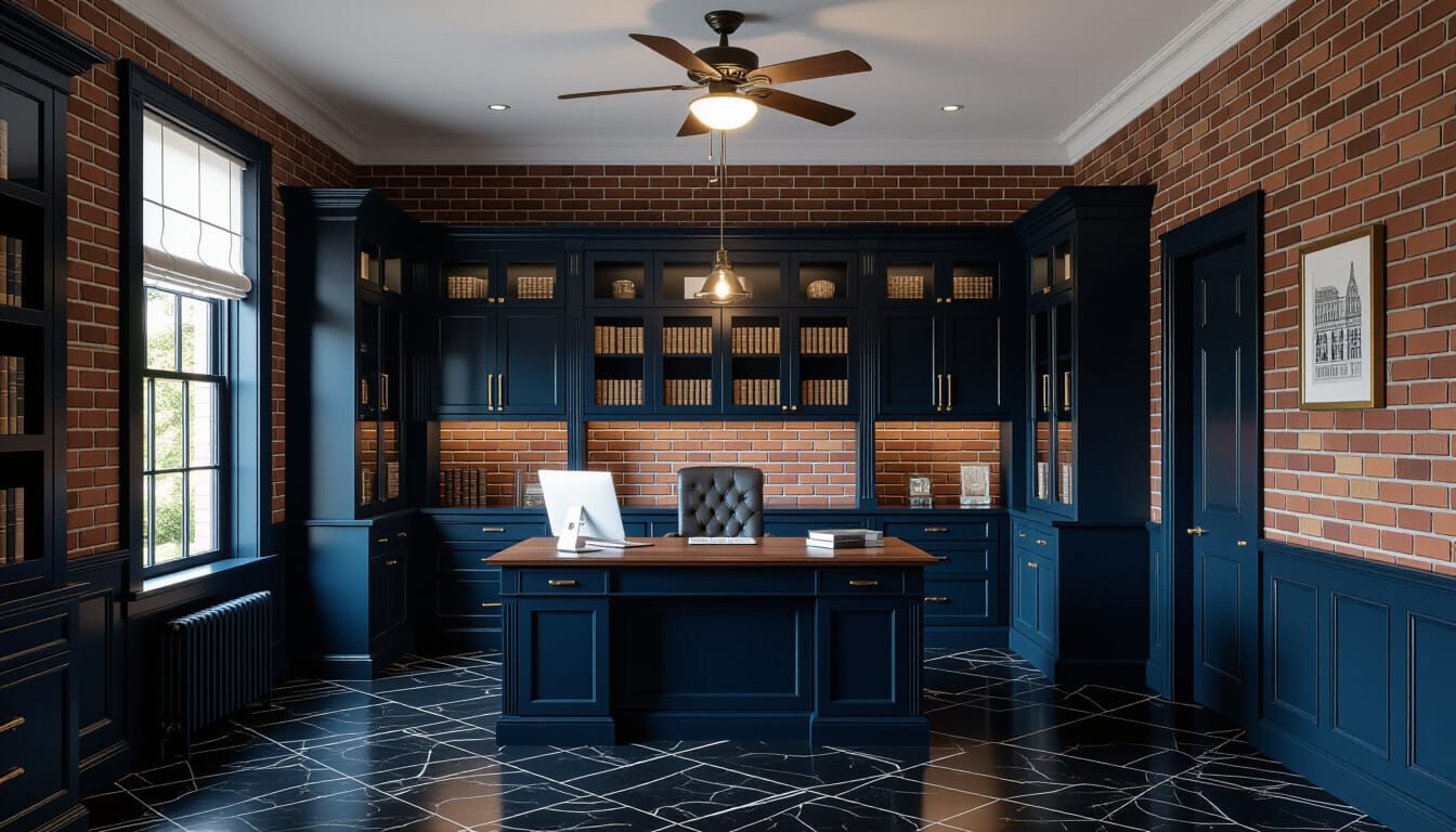 Vibrant Victorian Working Room with Dark Blue Cabinets