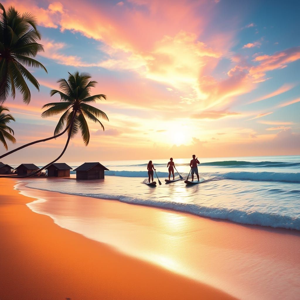 Idyllic Bali Beach at Sunset, with Wooden Bungalows and Palm...
