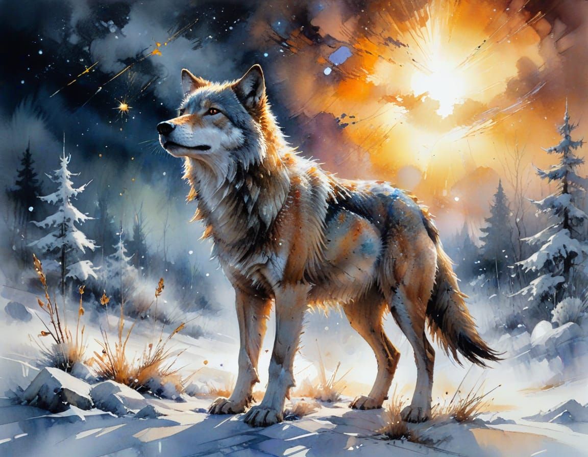 Wolf Under Starlit Sky as Watercolour Painting