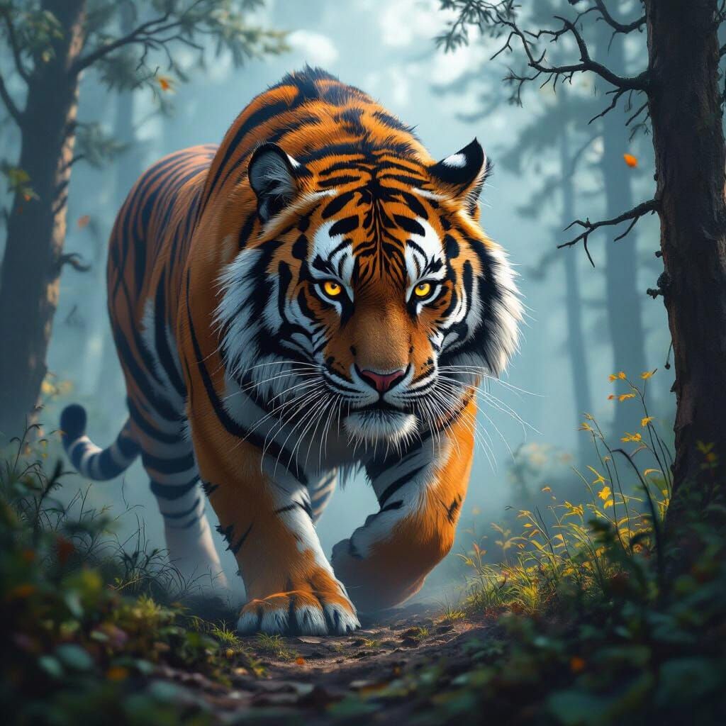 Majestic Sigma Tiger Roaming Misty Forest
