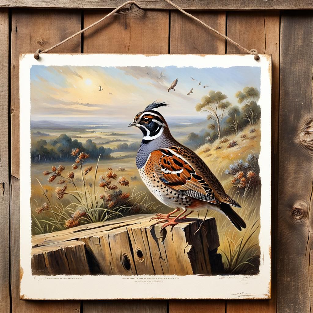 Quail Oil Painting on Rustic Board Wall