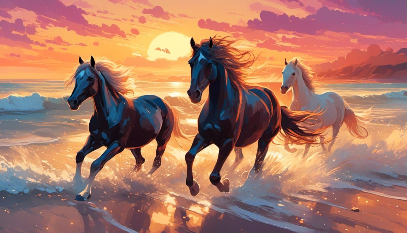 Horses Galloping on Beach at Sunset in Storybook Illustratio...
