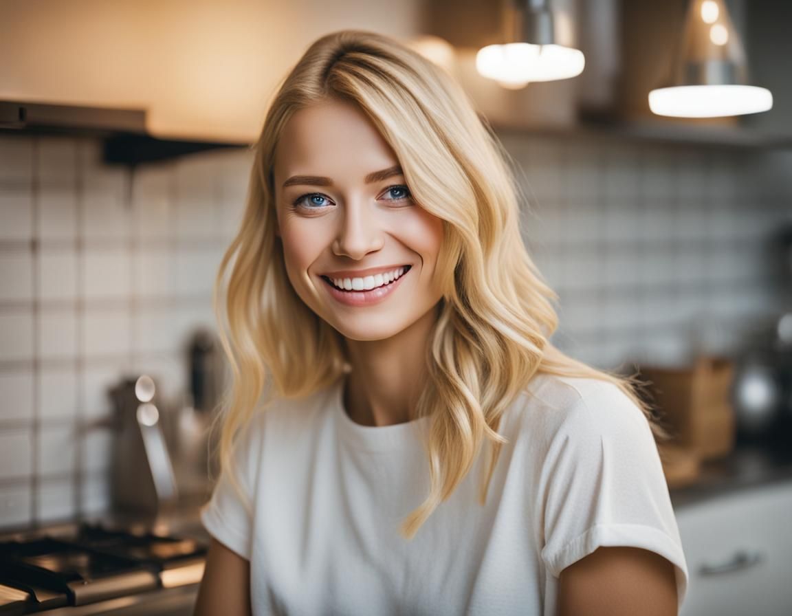 Blonde Woman Smiling in Kitchen: Professional Photo