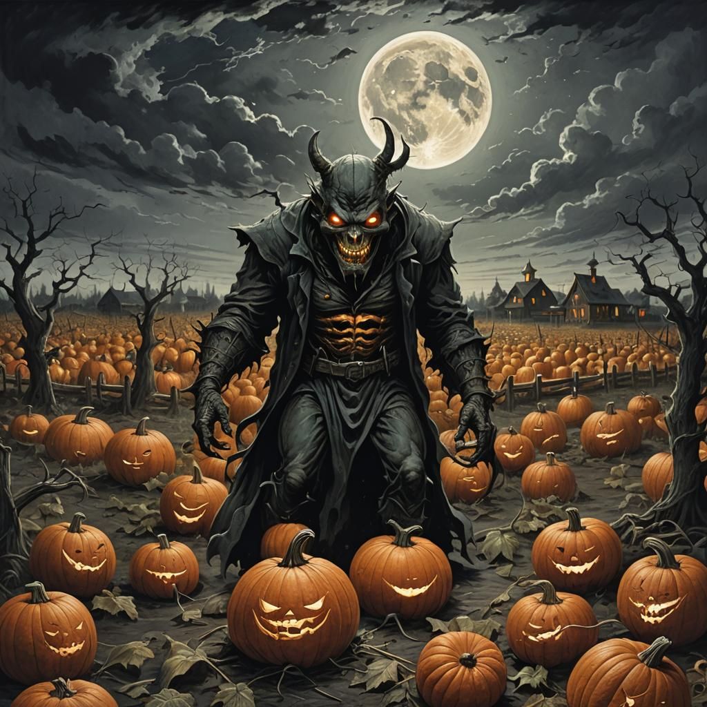 Pumpkin Demon Rising on a Farm at Night