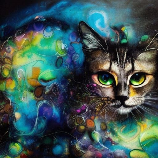 Mysterious Cat in Neon Cityscape: Mixed-Media Painting
