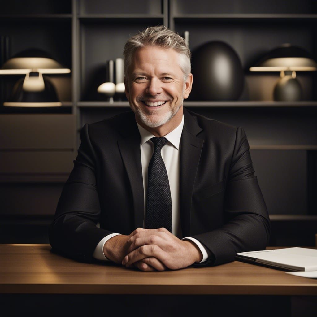 Grinning Man in Dark Suit Sits in Office