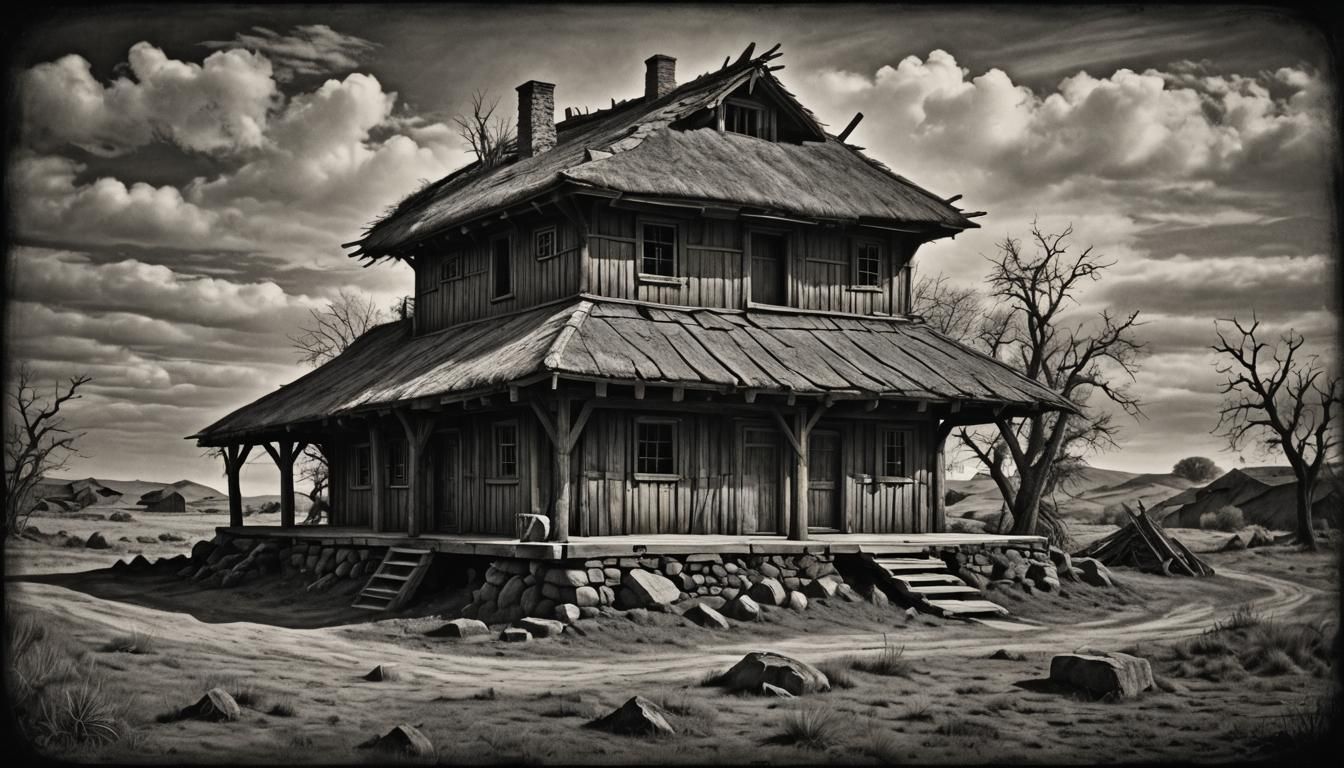 Dilapidated Blockhouse in Barren Landscape: Charcoal Art