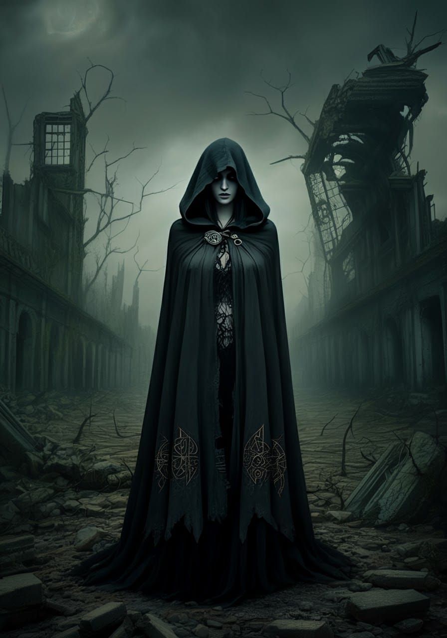 Nyx Amidst Ruins in Dark Gothic Realism