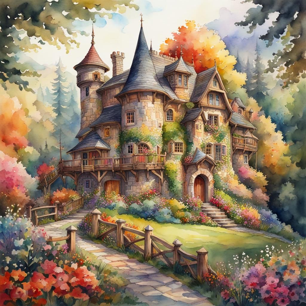 Cottagecore Castle in Watercolor Style