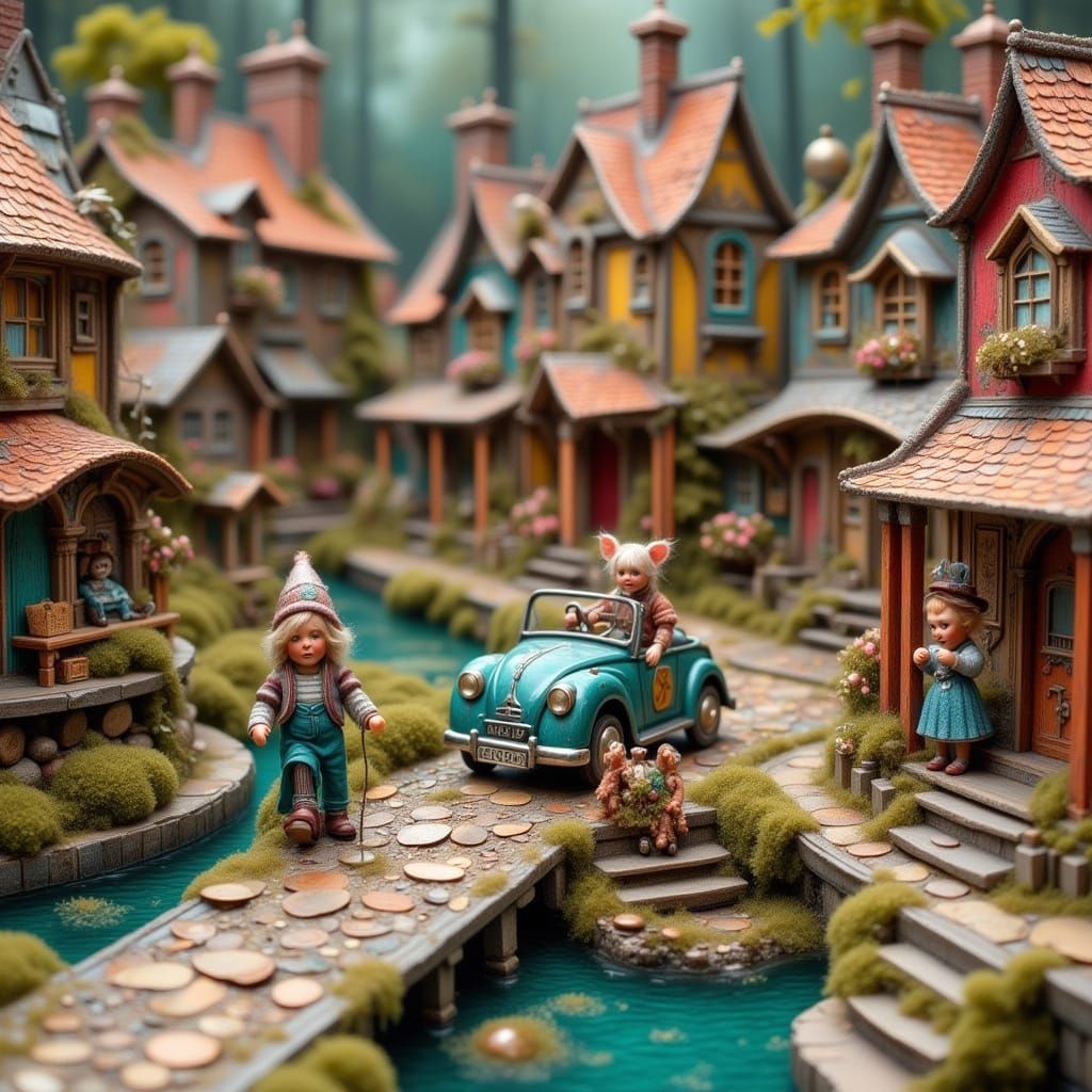 Whimsical Miniature Town of Steampunk Clowns and Antique Dol...
