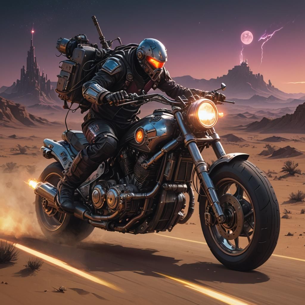 Jesus Christ Rides Cyberpunk Motorcycle in Desert