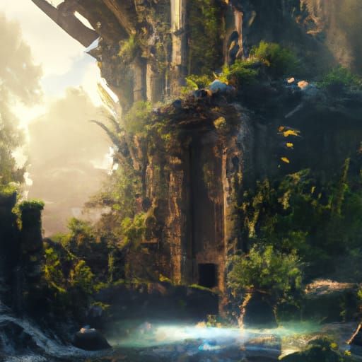 Sunken Jungle Ruins at Sunset: Detailed Matte Painting