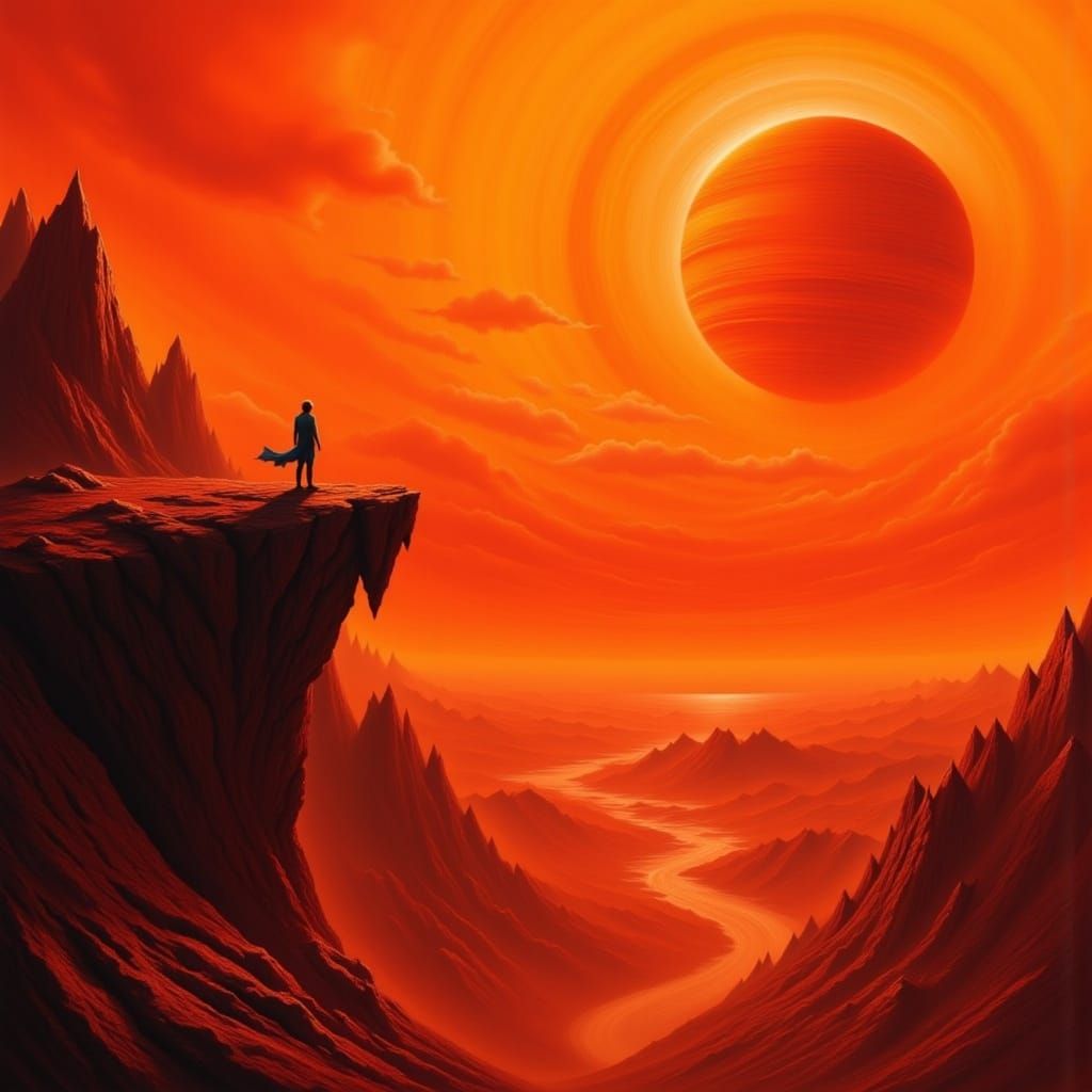 Lone Figure Overlooking Swirling Gas Giant in Orange Hues