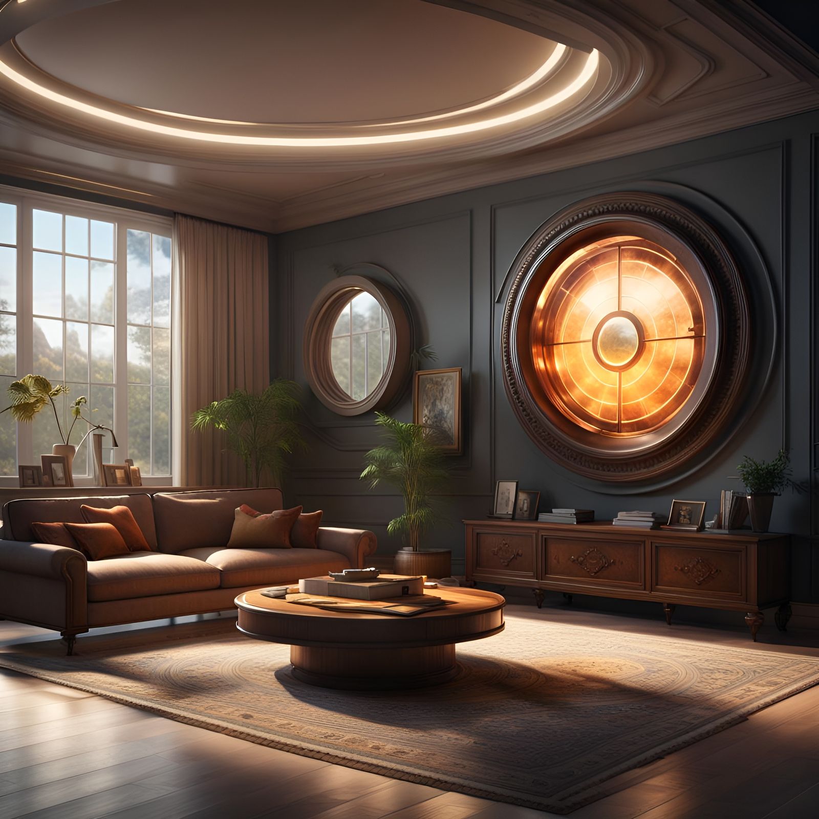 Modern Living Room with Circle Window in 3D