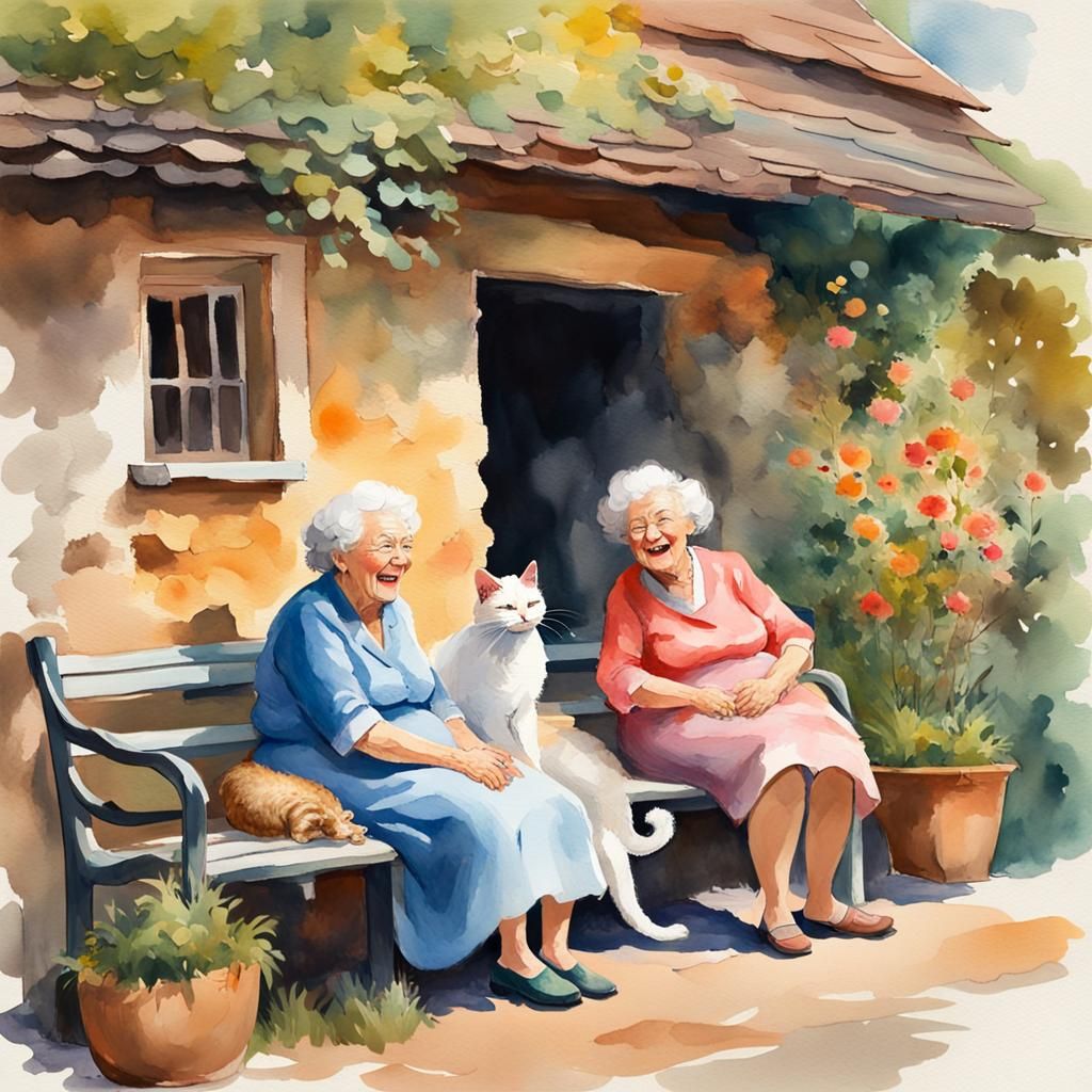 Laughing Ladies and Cat in Watercolor Gouache Style