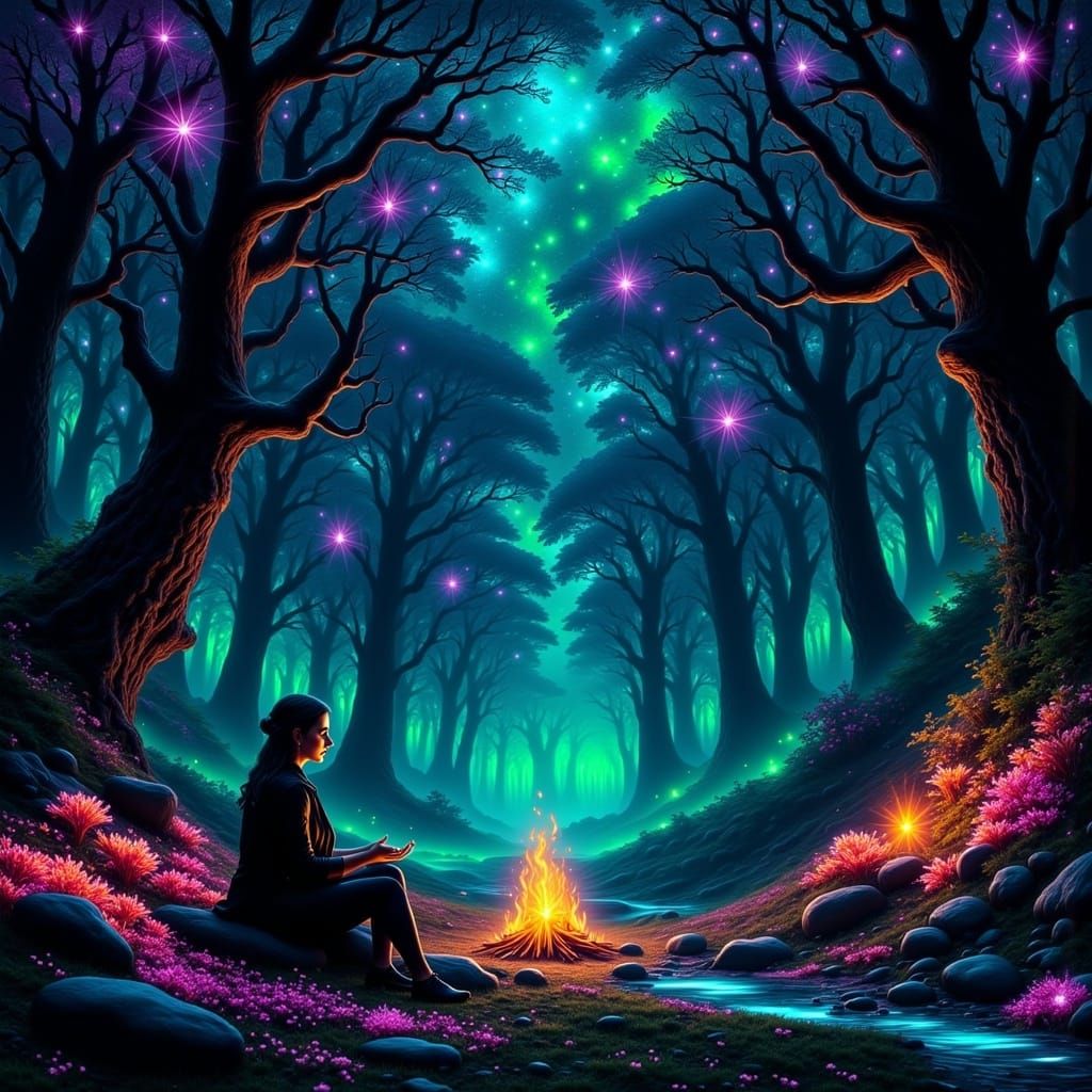 Magical Forest Scene in Hyperrealistic Neon Bioluminescent S...