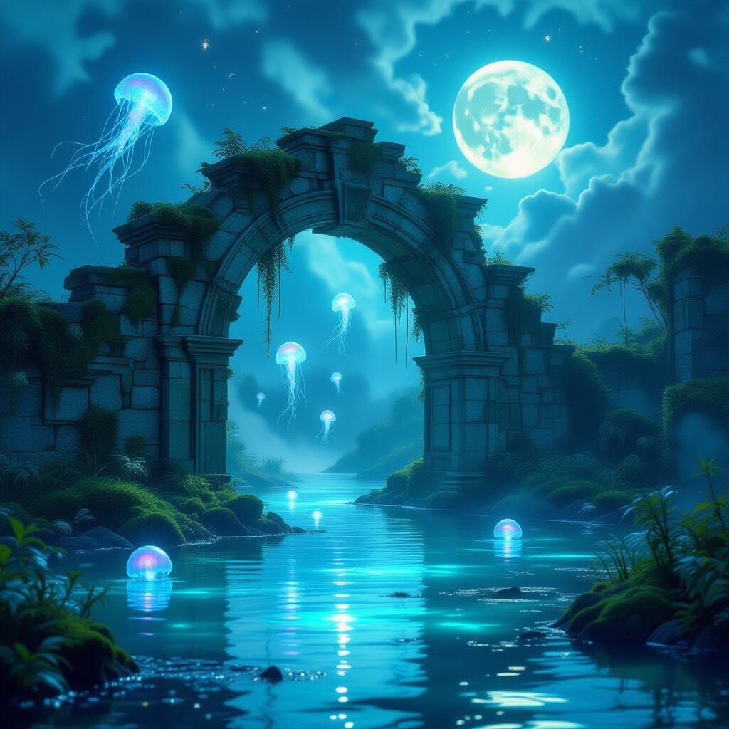 Surreal Swamp Archway Under Twin Moons