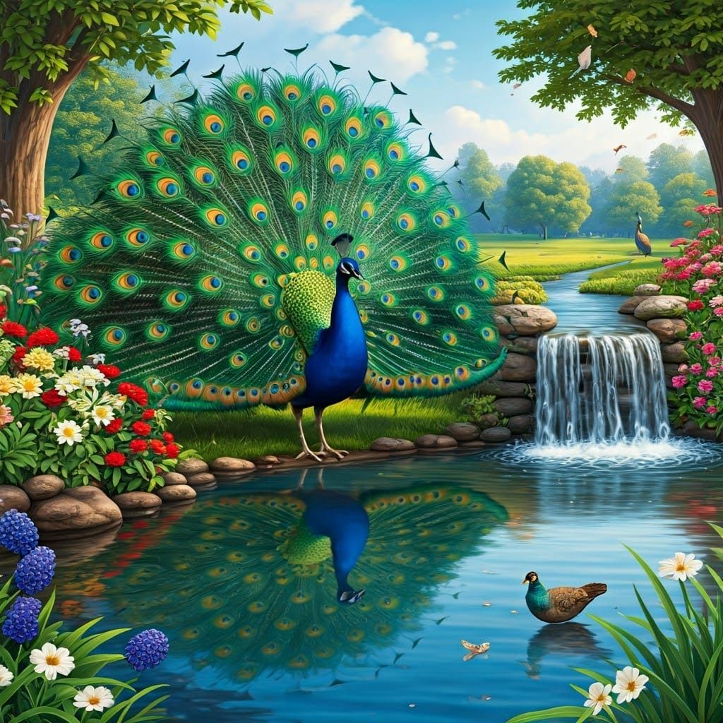 Peacock reflecting in a beautiful setting