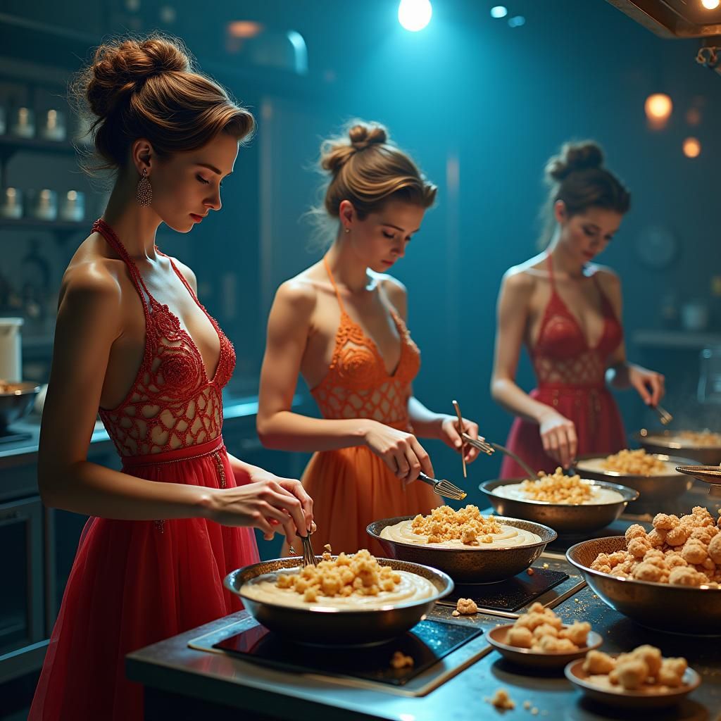 Elegant Women Cook Mushroom Stars in Dystopian Kitchen