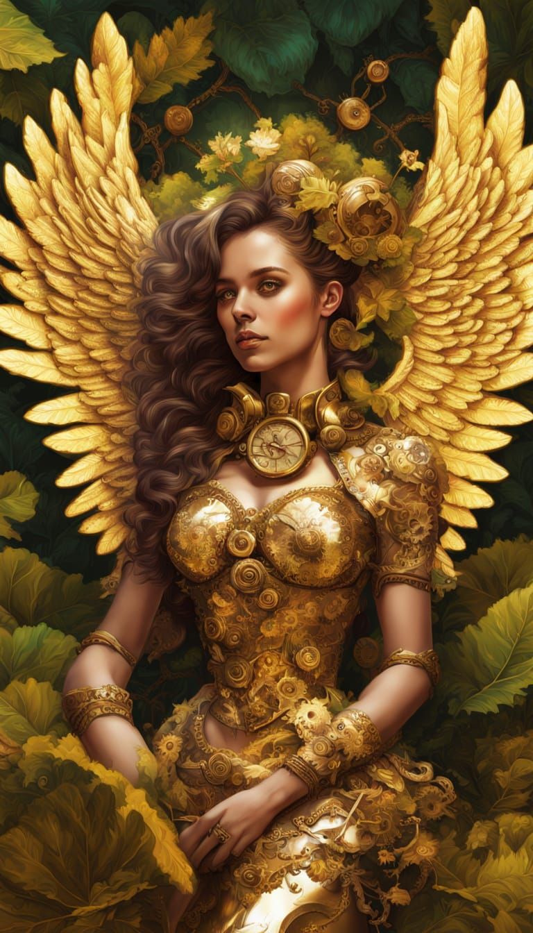 Golden Steampunk Angel in Leafy Setting