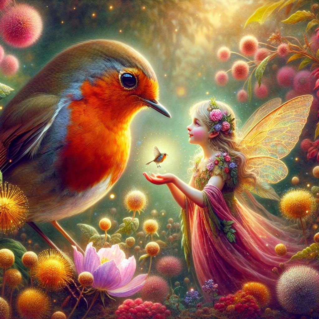 Whimsical Victorian-Inspired Scene of a Robin and Garden Fai...