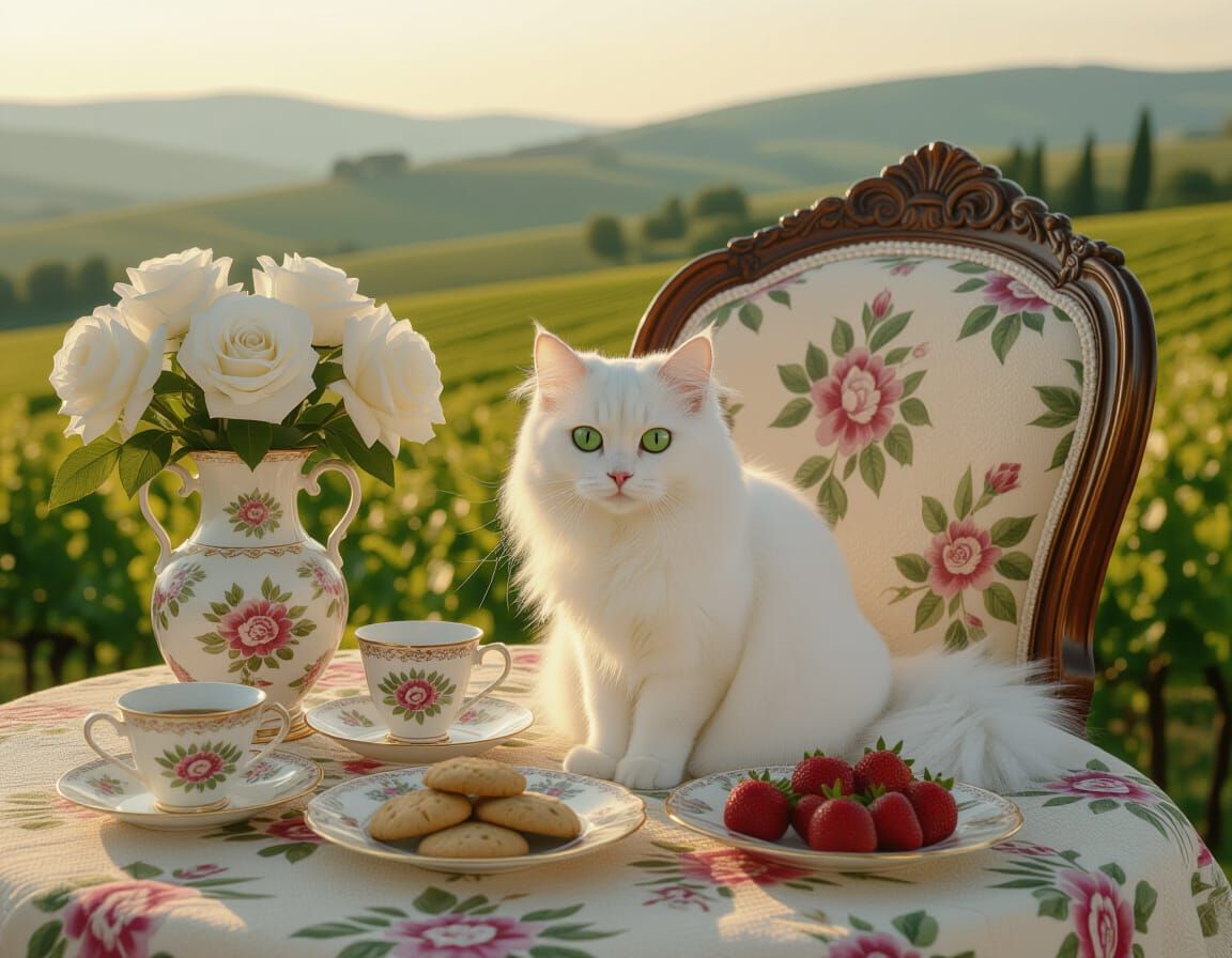 Italian Landscape with Cat, Roses and Coffee