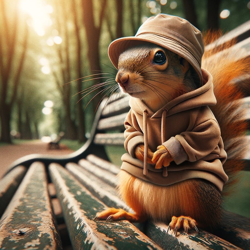 Fashionable Squirrel in Bucket Hat and Hoodie on Park Bench