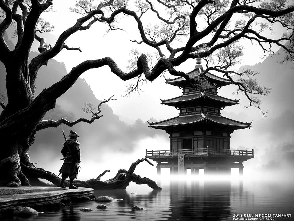 Samurai Under Tree with Japanese Building, Dark Fantasy Art