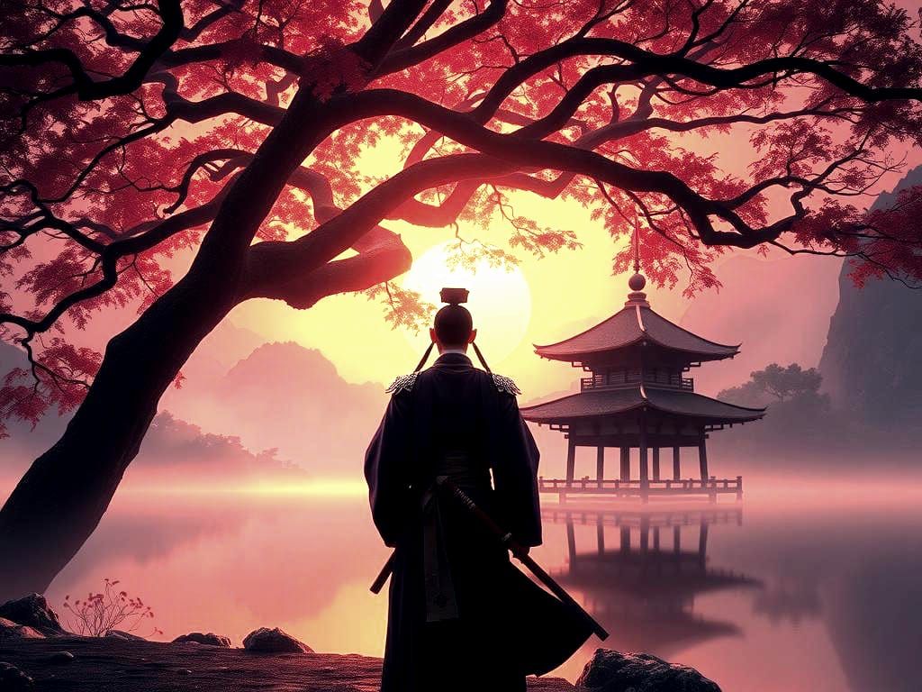 Samurai Under Tree with Japanese Building, 8K Art