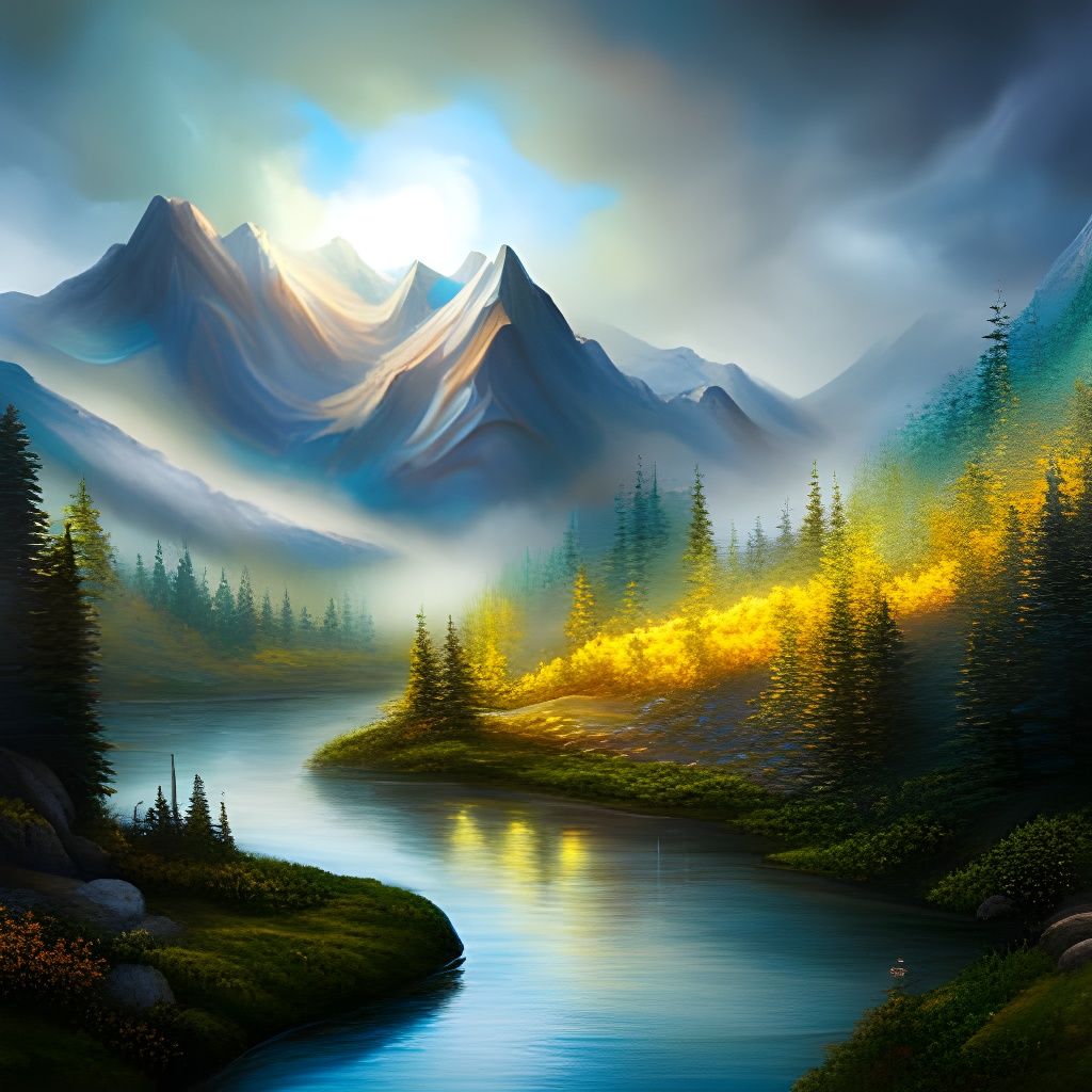 Atmospheric Mountain River Dreamscape Painting