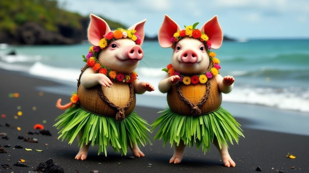 Cute Hula Dancing Pigs on Hawaiian Beach