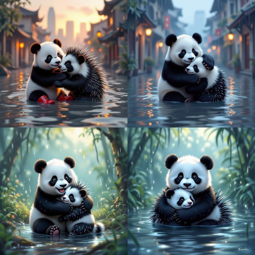 Cute Panda Hugs Porcupine in Singapore Flood