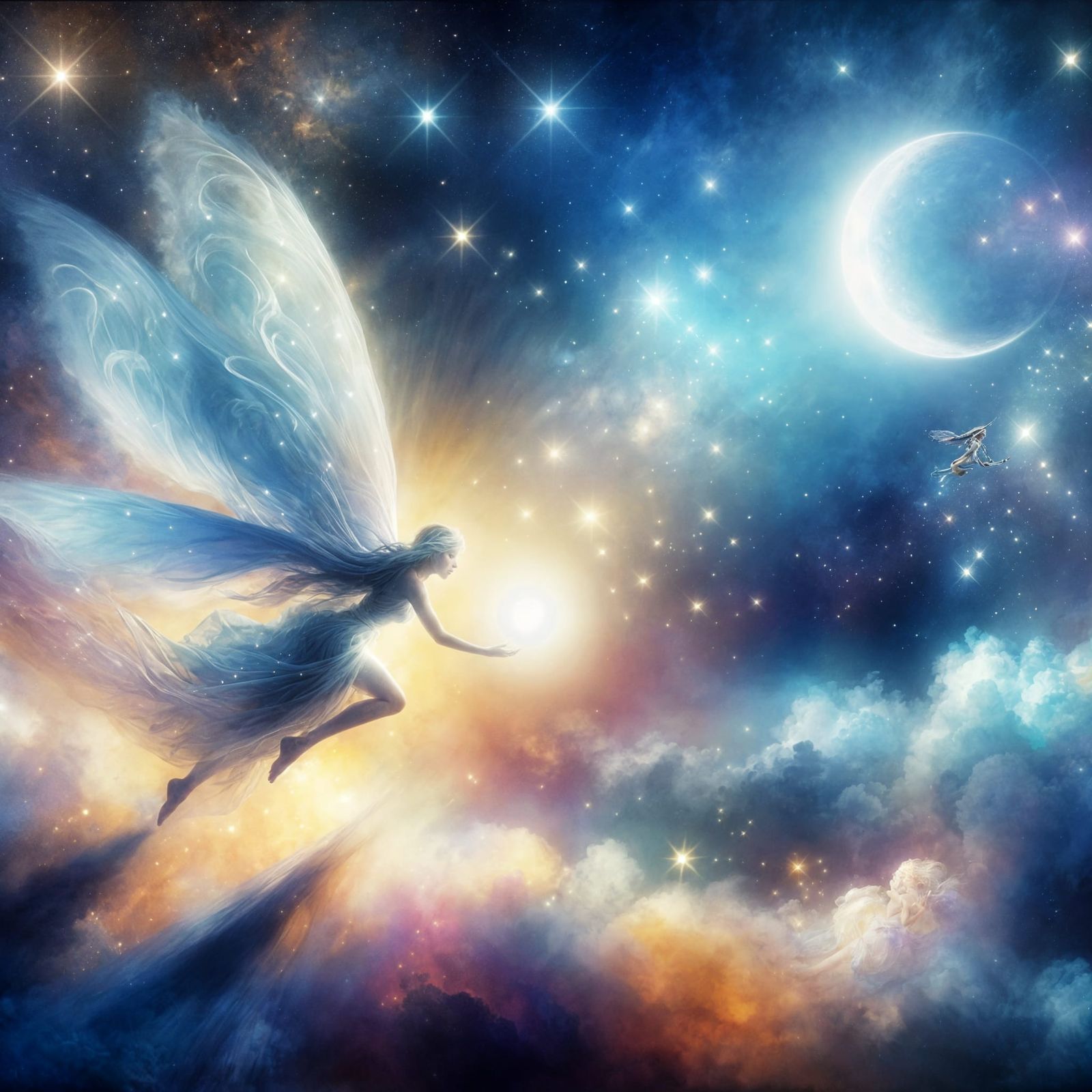 Fairy Flight Through Starry Night: Ethereal Digital Art