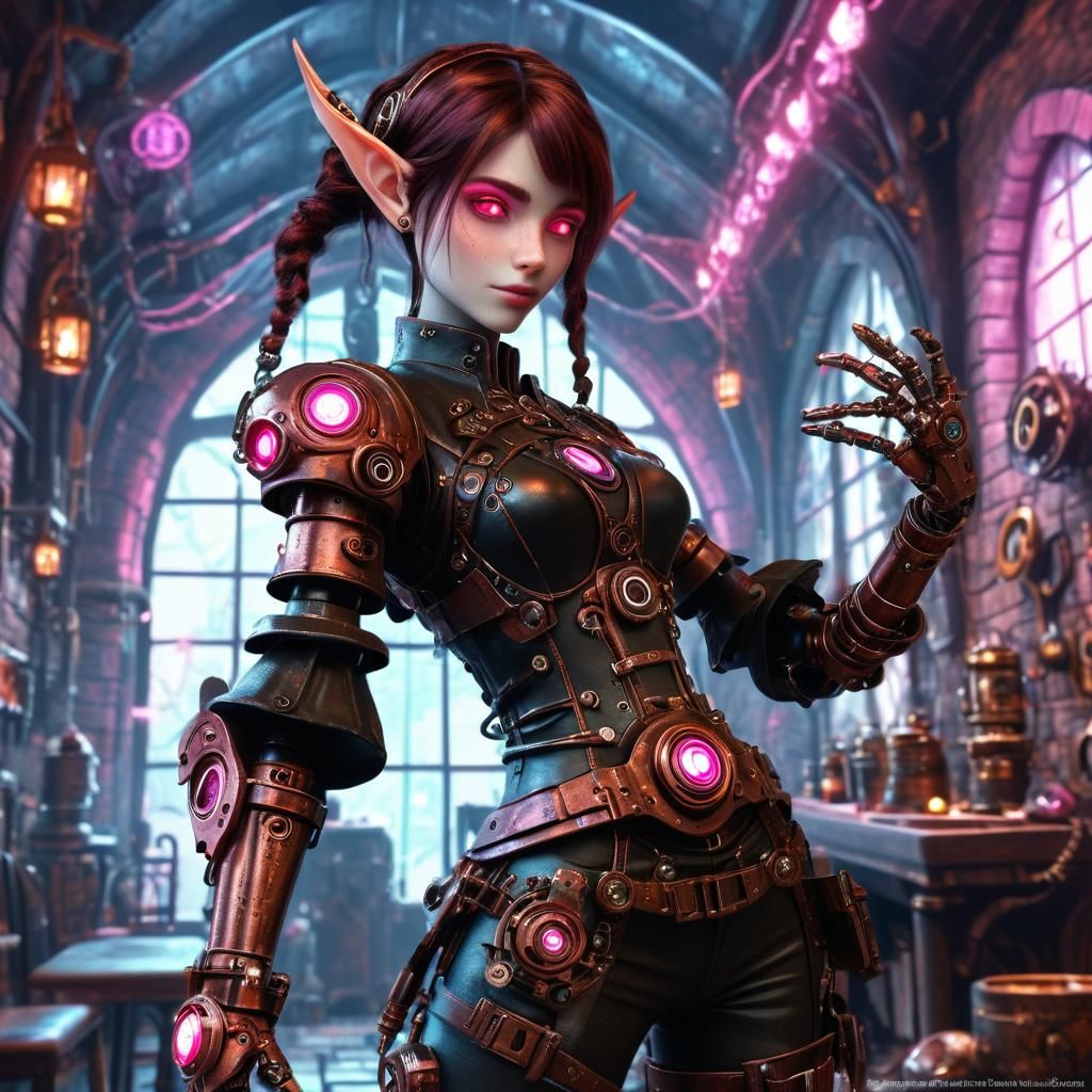 Steampunk Elf Cyborg in Goth Style