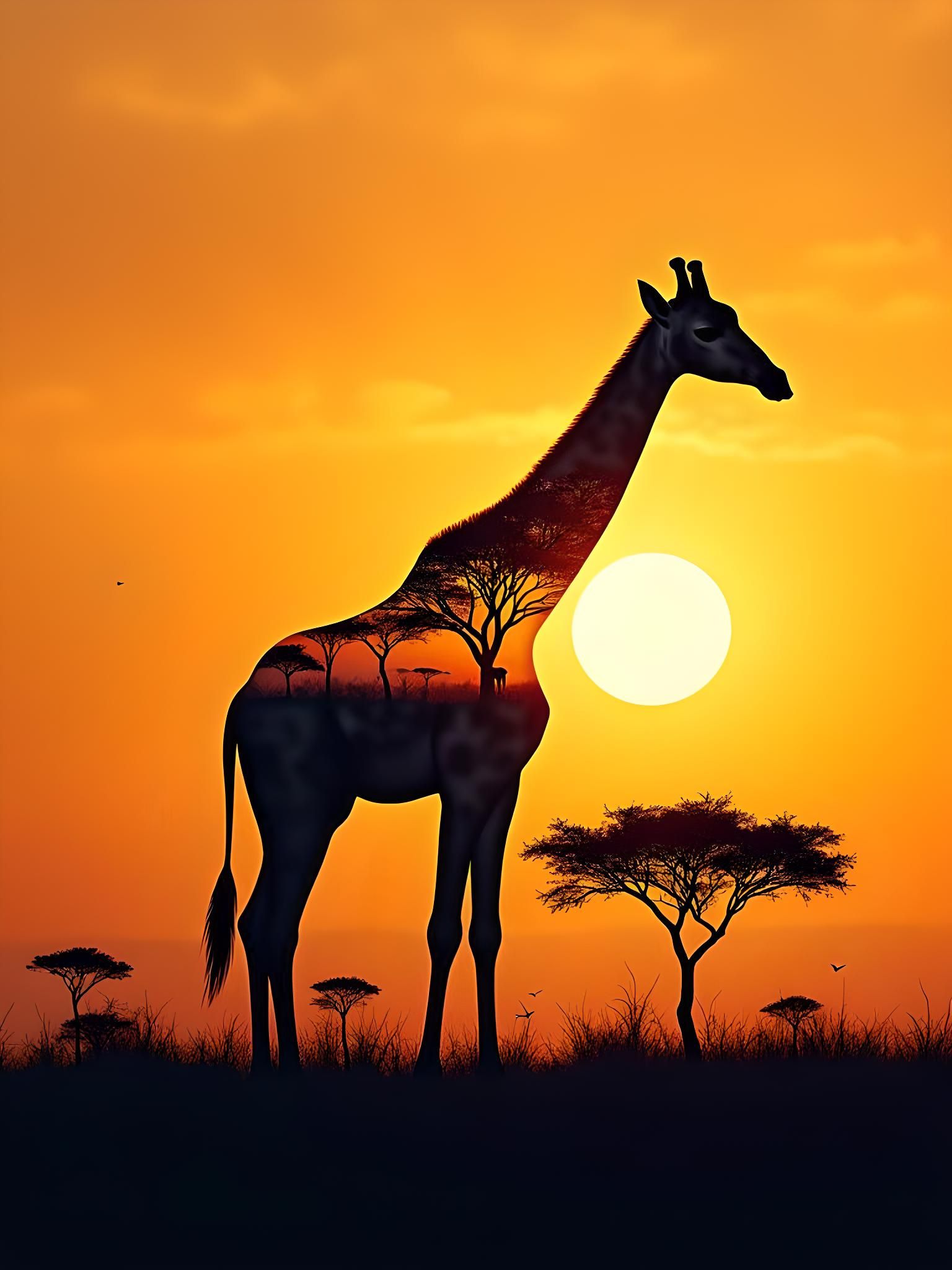 Savanna Giraffe Silhouette in Double Exposure