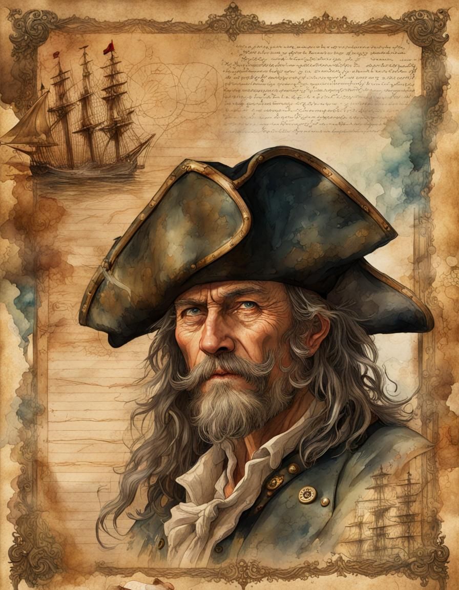 Vintage Watercolor Pirate with Map and Journal