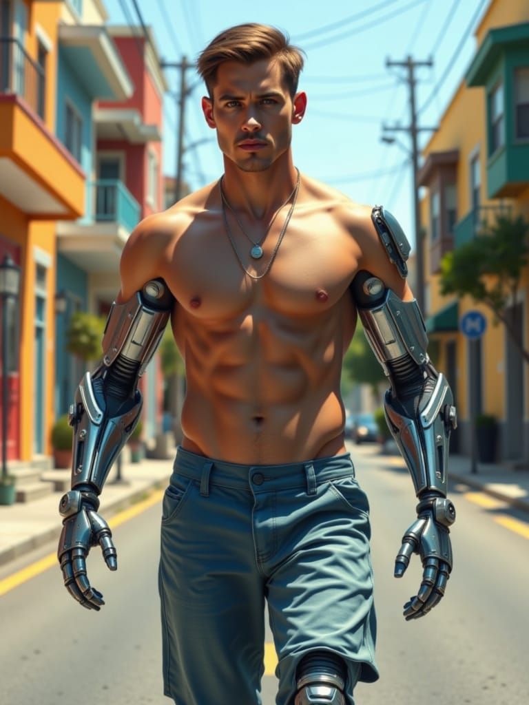 Male Cyberkinetic Cyborg on Colorful Street