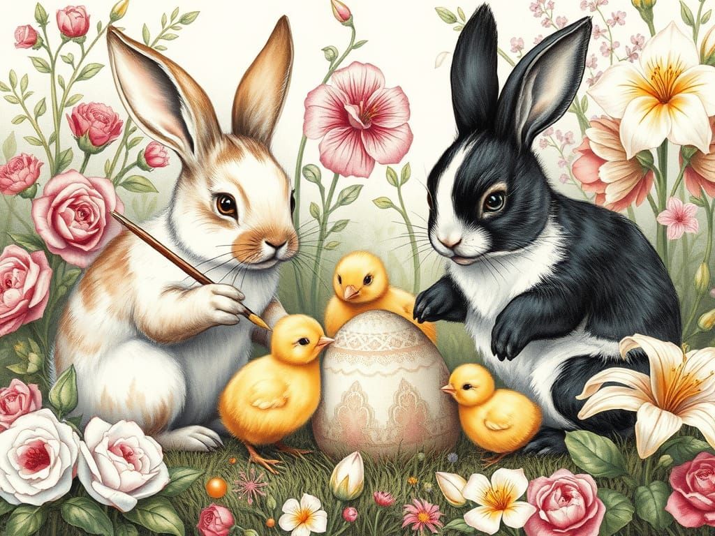 Rabbits and Chicks Painting Easter Eggs: Charcoal Drawing