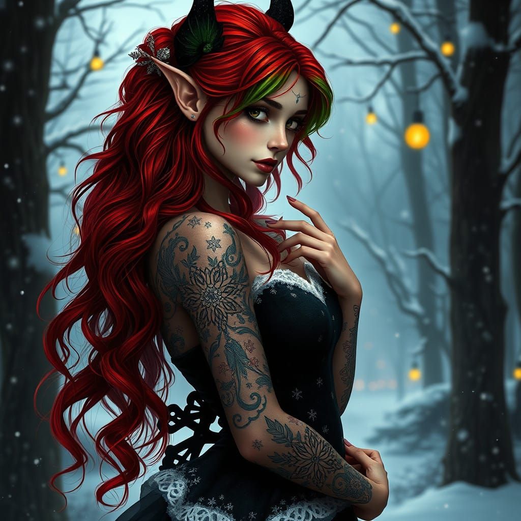 Gothic Fae Christmas Fantasy in Dark Art Nouveau Style