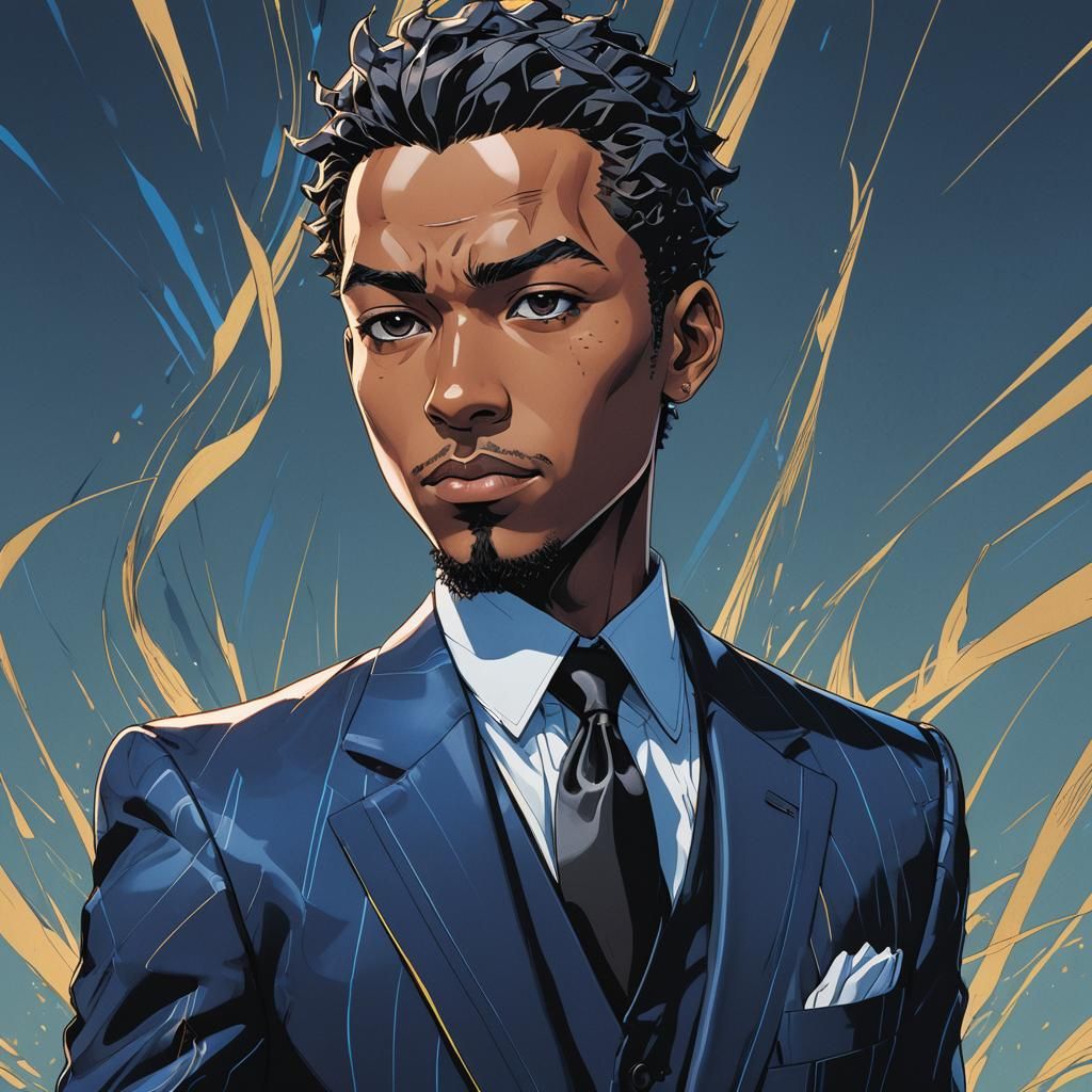 Anime Portrait: Man in Black and Blue Tulip Suit