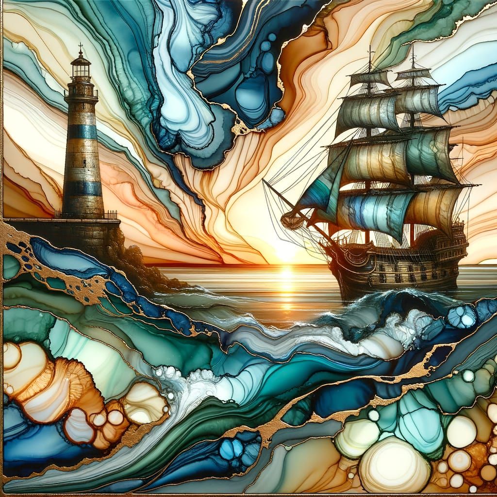 Galleon Ship Near Lighthouse in Fluid Art Style