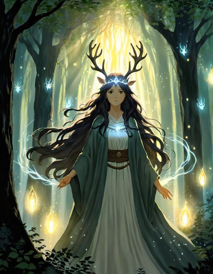 Forest Witch with Antlers in Ghibli Anime Style
