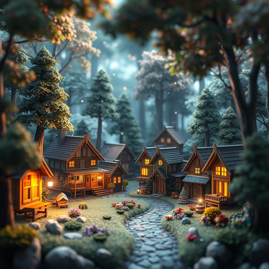 Whimsical Forest Village at Dusk in Vibrant Anime Style