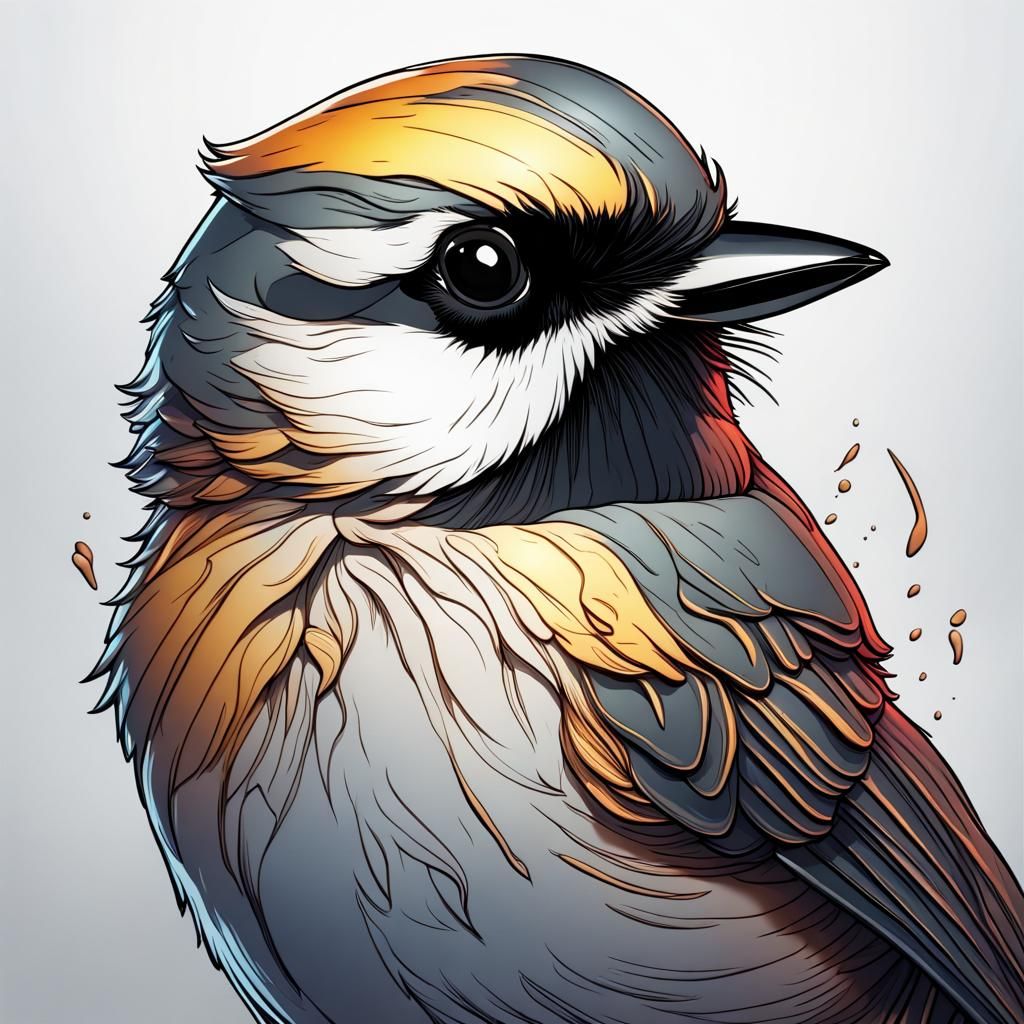 Detailed Line Art Chickadee Head in Deep Color