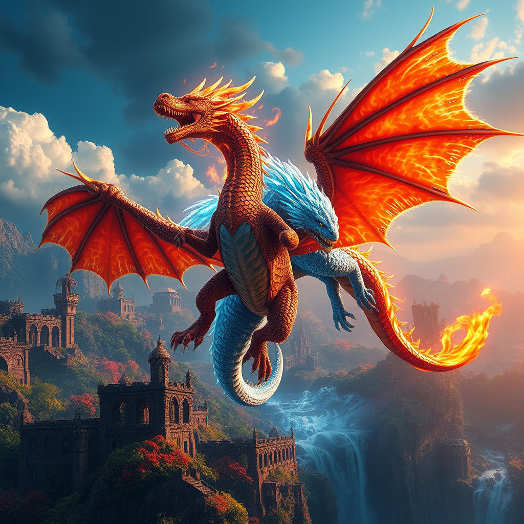 Fire Dragon and Ice Dragon Soaring