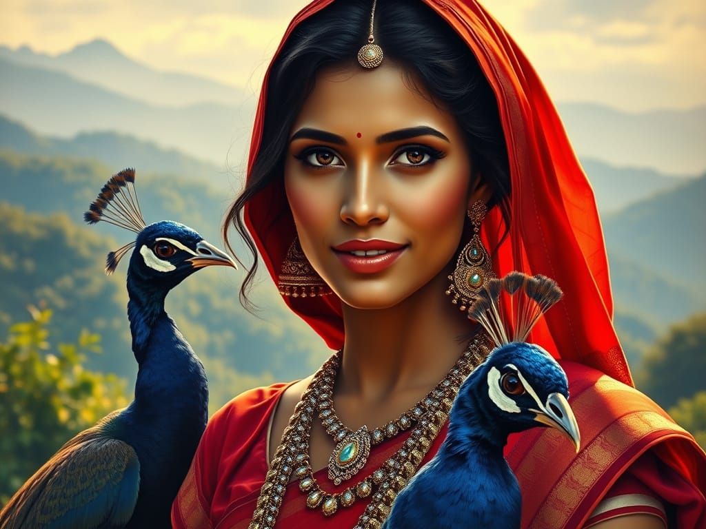 Indian Goddess in Vibrant Attire Amidst Idyllic Landscape