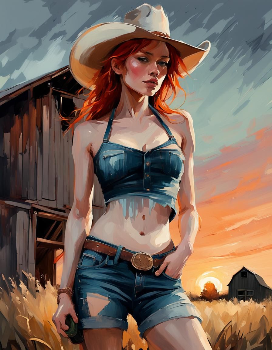 Redhead Girl at Sunset: Impasto-Style Digital Painting