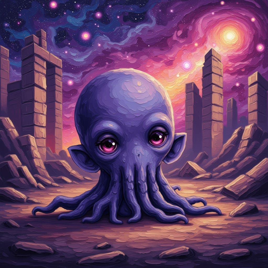Adorable Chibi Cthulhu Amidst Cosmic Nebulae